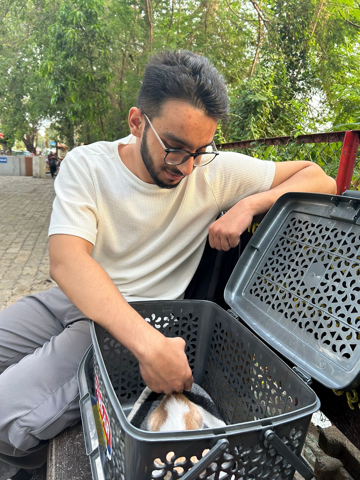Aadil leaning over the open carrier, reaching in to Billu