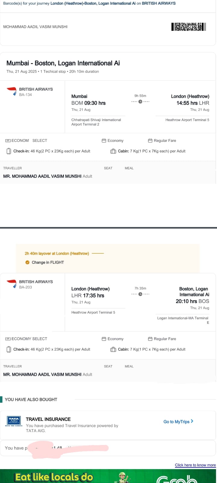 Flight itinerary: Mumbai to Boston, 21 August 2025